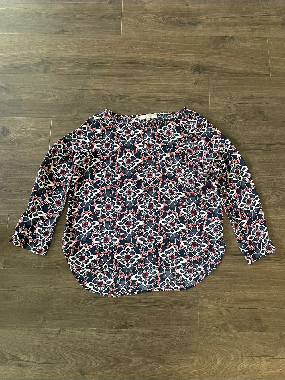 Ann Taylor Loft Floral Navy & Pink Boatneck Blouse, Petite Large